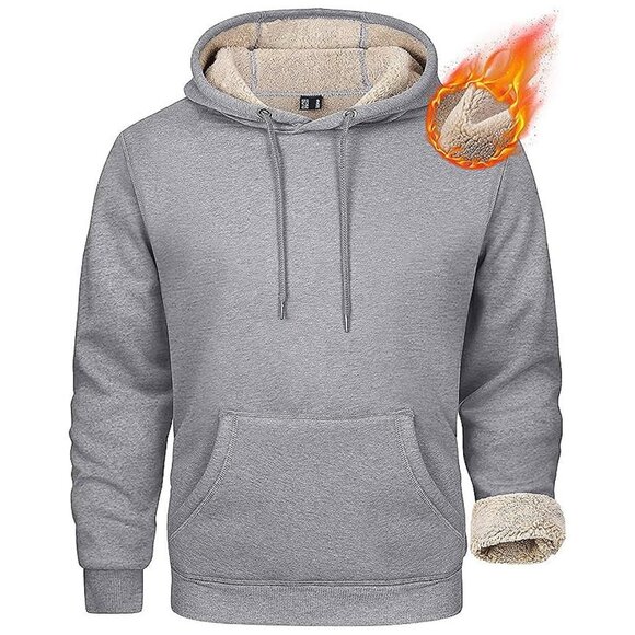 Men's Heavy Hoodie Sherpa Fleece Lined Pullover Thick Winter Light Grey